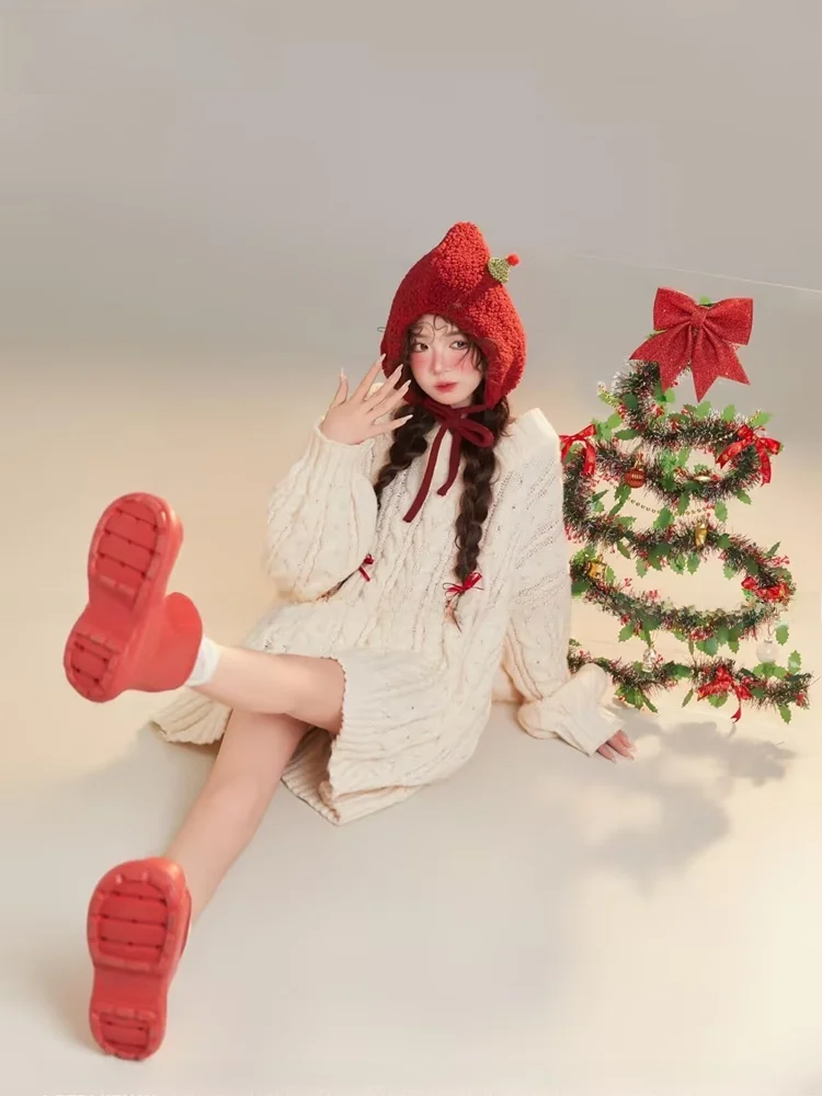 Autumn Winter New Style Studio Christmas Little Red Hat Atmosphere Girl Sweater Lazy Art Photography Clothes Women's Fashion - view 5