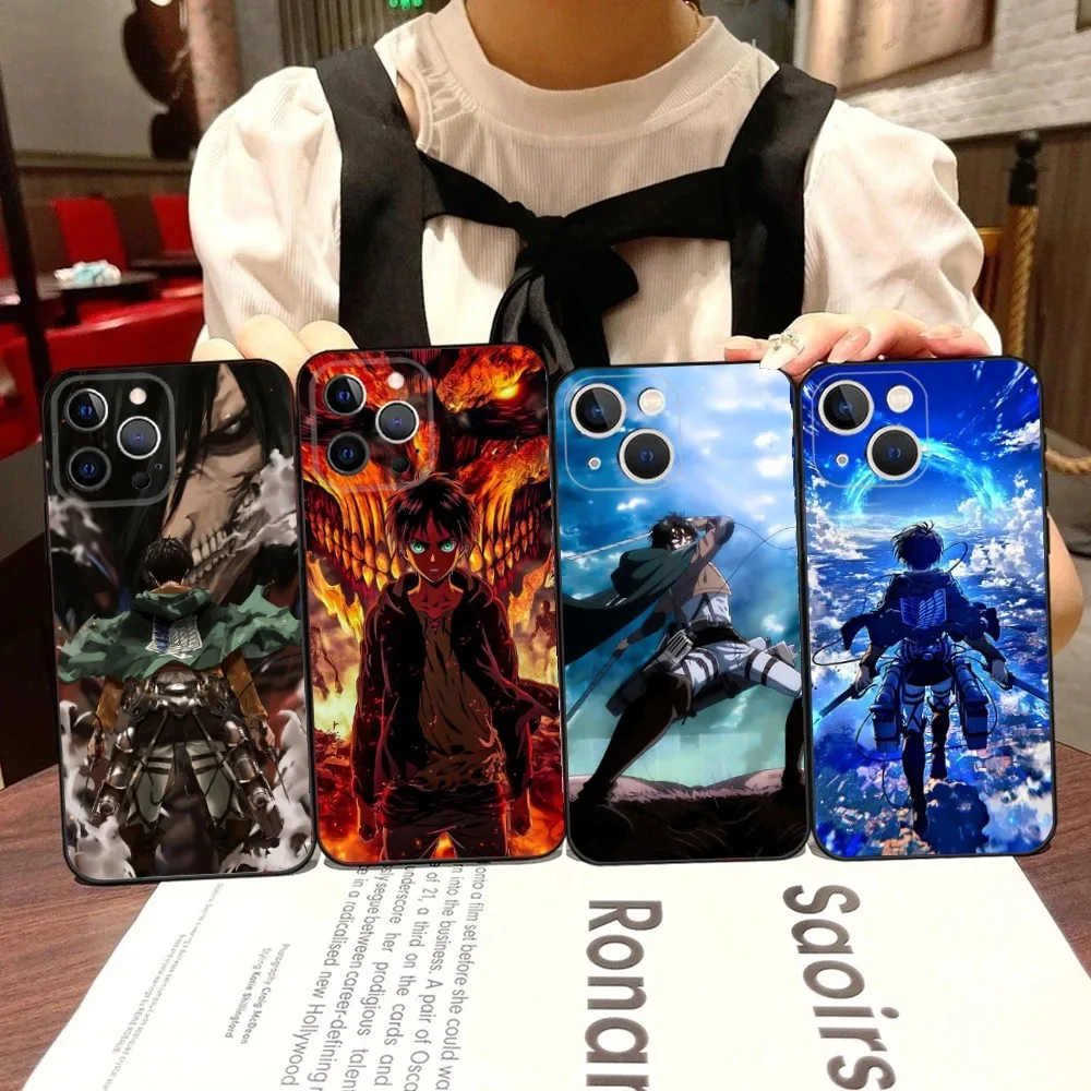 Eren Jaeger Anime Phone Case For iPhone 16,15,14,13,12,11,Pro,X,XS,Max,XR,Plus,Mini Attack on Titan Black Soft Silicone Case