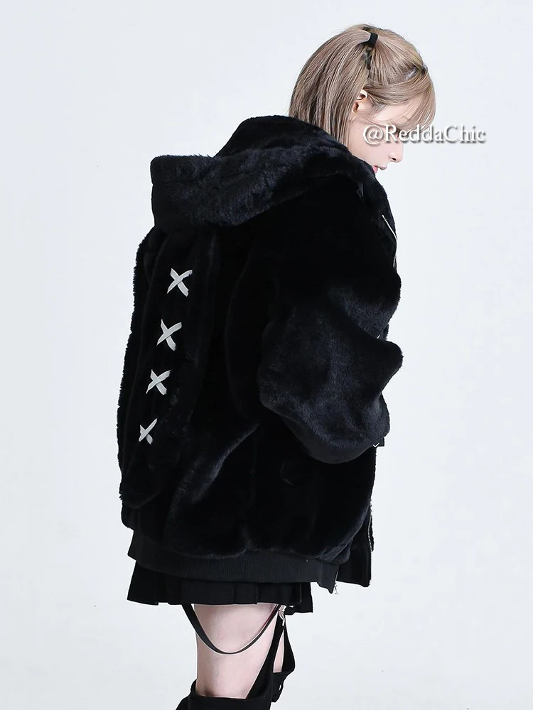 REDDACHiC Rabbit Ear Hooded Plush Coat Women Black Long Sleeve Zip Up Faux Fur Thick Warm Oversize Jacket Lolita Winter Clothes