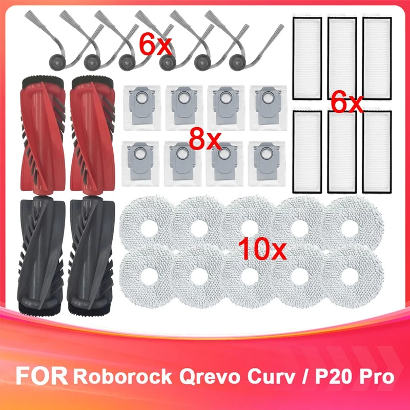 

A83G-Replacement Accessories Kit For Roborock Qrevo Curve/P20 Pro Vacuum Cleaner,Main Brush,Side Brush,Filter,Mop,Dust Bag