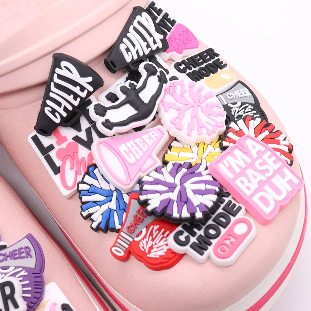 Sell Retail 1pcs PVC Shoe Charms Pink Cheer Cheerleading English Slogan Accessories Shoes Buckles For Kids Party Present