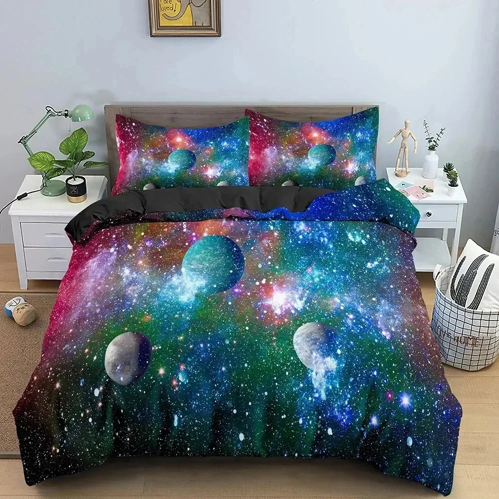 Galaxy Space Bedding Set 3D Universe Duvet Cover Psychedelic Quilt Cover with Zipper Queen Double Full Polyester Comforter Cover