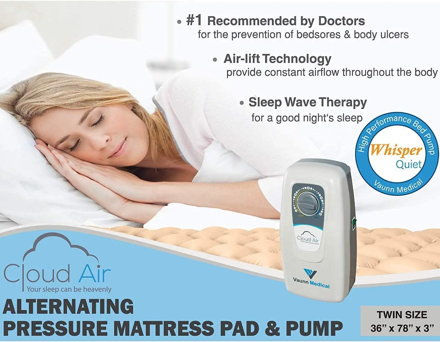 

Medical Cloud Air Whisper Quiet Alternating Air Pressure Mattress Topper With Pump Twin Size 36"" X 78"" X 3""