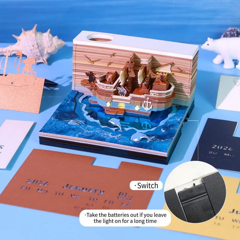 

2026 Настольный календарь со светодиодной подсветкой, 3D отрывная бумага, резьба, художественный блокнот, блокнот, рождественский подарок