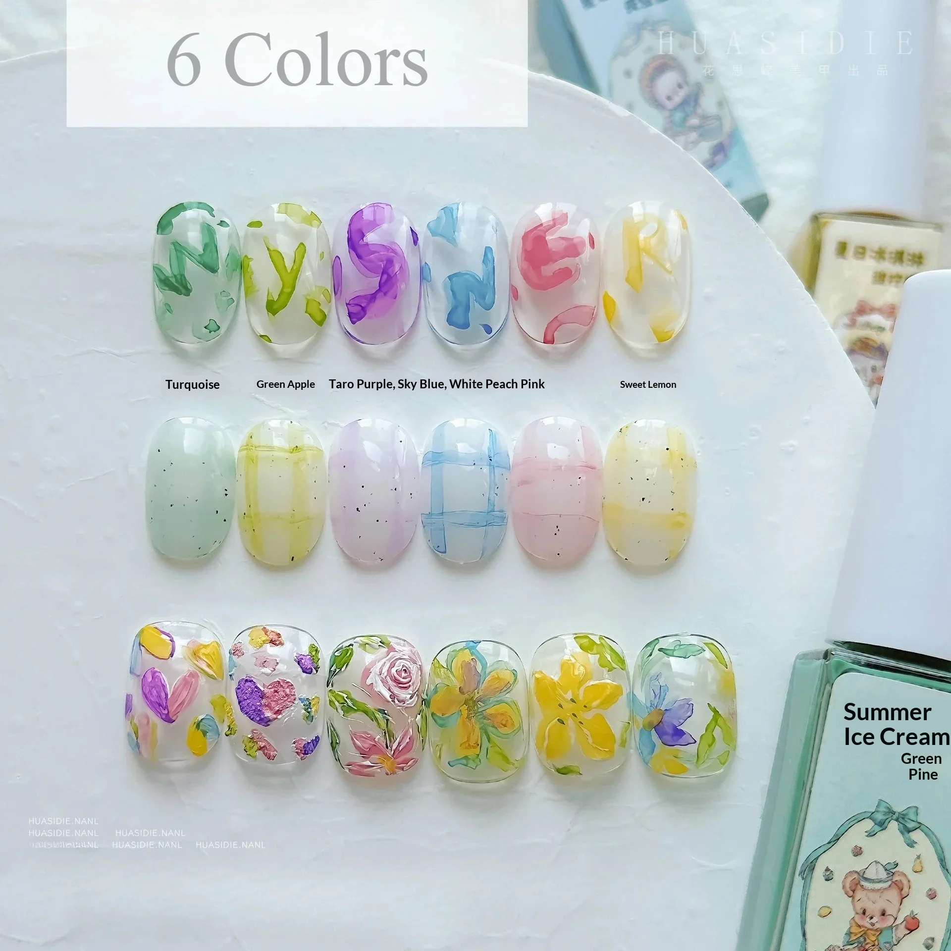 

6Colors Ice Cream Nail Art Watercolor Fluid Water Fluid Nail Gel Polish Paint for Blooming Marble Art Pastel Nail Glitter Set