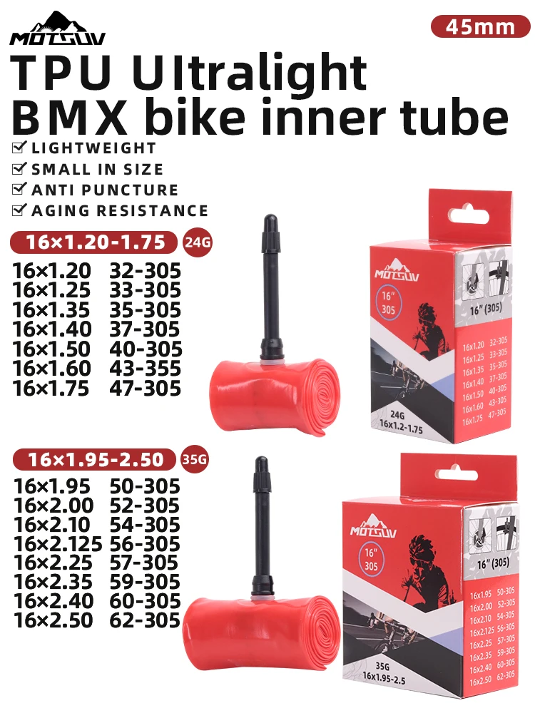 AliExpress MOTSUV High Quality TPU 16 inch GRAVEL Road Bike Inner Tube For 16*1.20-1.75/16*1.95-2.50 349 Tire Bicycle MTB French Valve 45mm