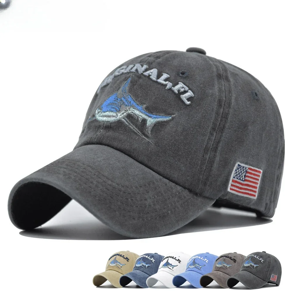 

Embroidery Washed Cotton Shark Dad Hat for Men Vintage Baseball Cap Hip Hop Curved Fishing Cap Summer Fish Snapback Women Hat