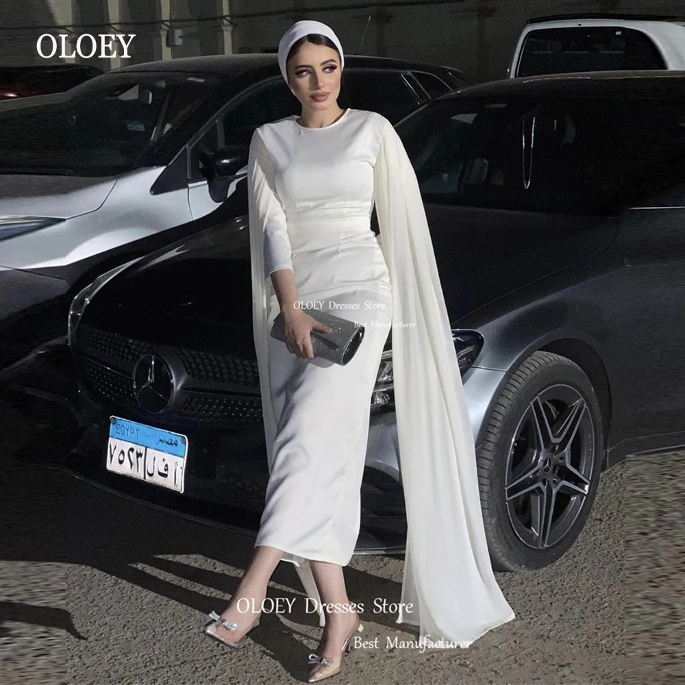 

OLOEY Simple White Muslim Arabic Women Evening Dresses Long Sleeves O-Neck Modest Tea length Formal Party Dress Occcasion Event