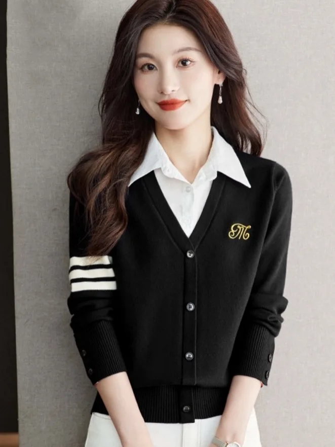 เสื้อถักคอเต่าแบบสองชิ้นปลอม ผ้าเนื้อนุ่ม ระบายอากาศได้ดี แขนยาว คุณภาพพรีเมียมสำหรับผู้หญิง แฟชั่นฤดูใบไม้ร่วง