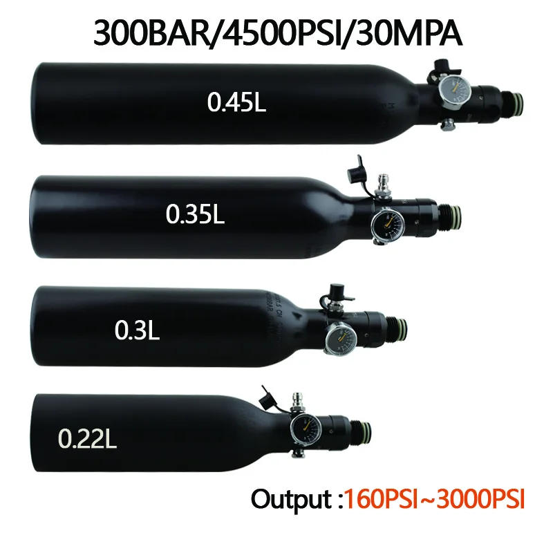 

HPA Бак для подводного плавания с аквалангом Бутылка CO2 Цилиндр 0,22 л 0,3 л 0,35 л 0,45 л 4500 фунтов на квадратный дюйм 30 МПа 300 бар M18 * 1,5 Выход регулятора 160 фунтов на квадратный дюйм до 3000 фунтов на квадратный дюйм