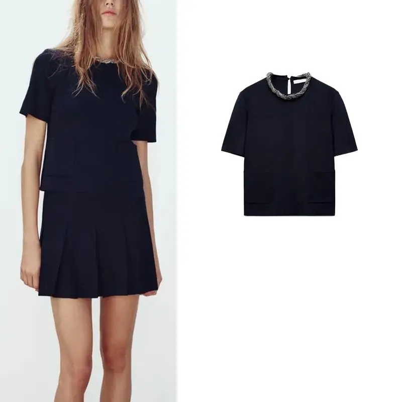

Spring New Women's Casual Knitted T-irt ort Sve Flat Needle Top Pearl Embellied Simple Design Polyester Fiber