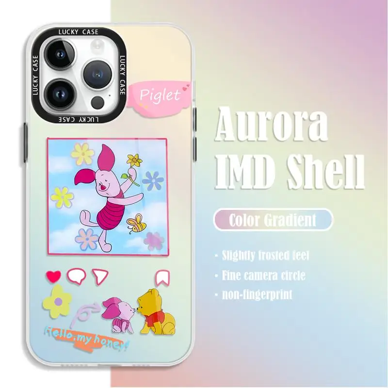 Gradient Matte Case for iPhone 15 14 13 12 11 pro Max XS XR X 7 8 Disney Winnie The Pooh Piglet Iridescent Laser Clear Cover