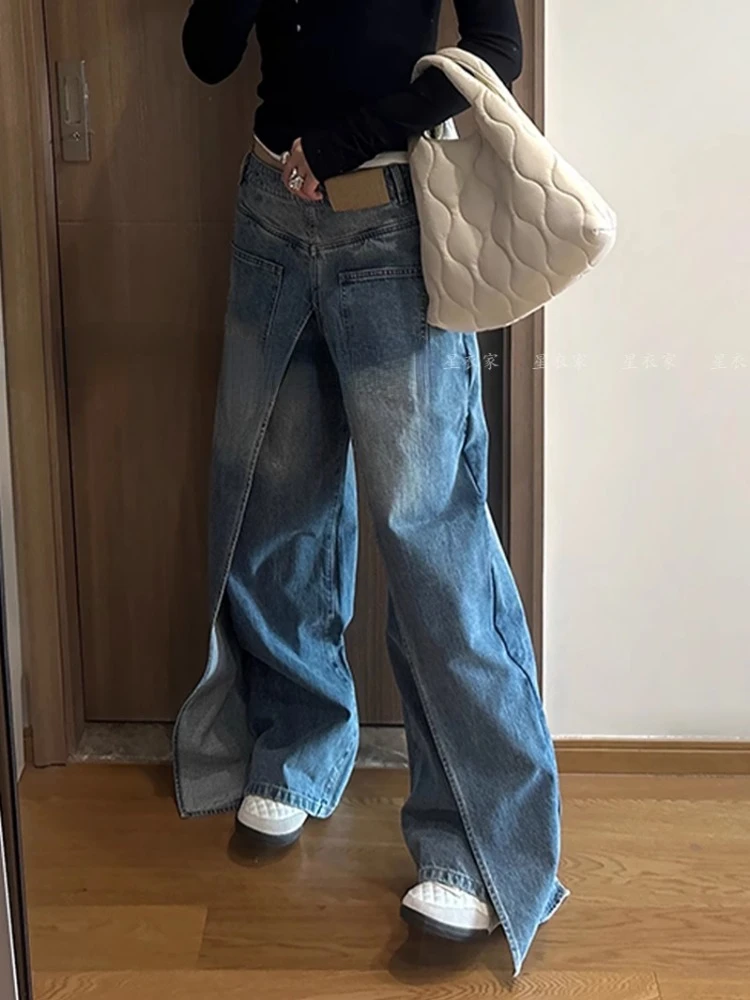 Jeans blu americani Oversize per le donne 2024 primavera nuovi pantaloni in Denim finto a due pezzi Y2k E-Girl a vita alta gamba larga allentata