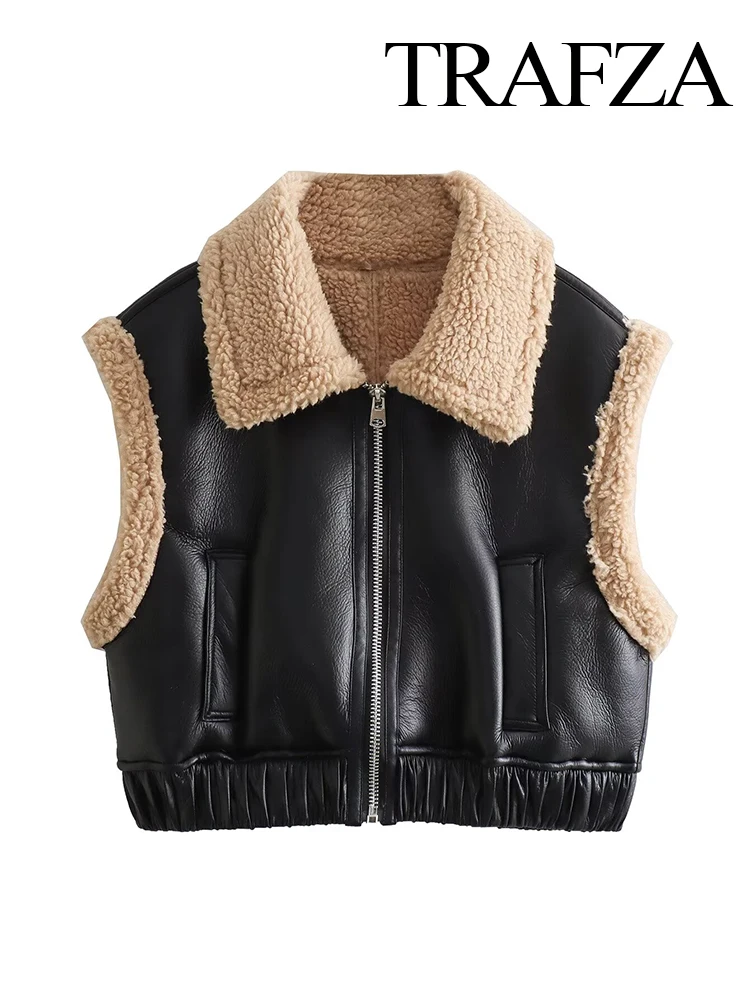 TRAFZA Women's Winter Warm Vest Good Quality Spot Double-Sided Aviator Vest Female High Street Casual Lapel Zipper Pocket Vest