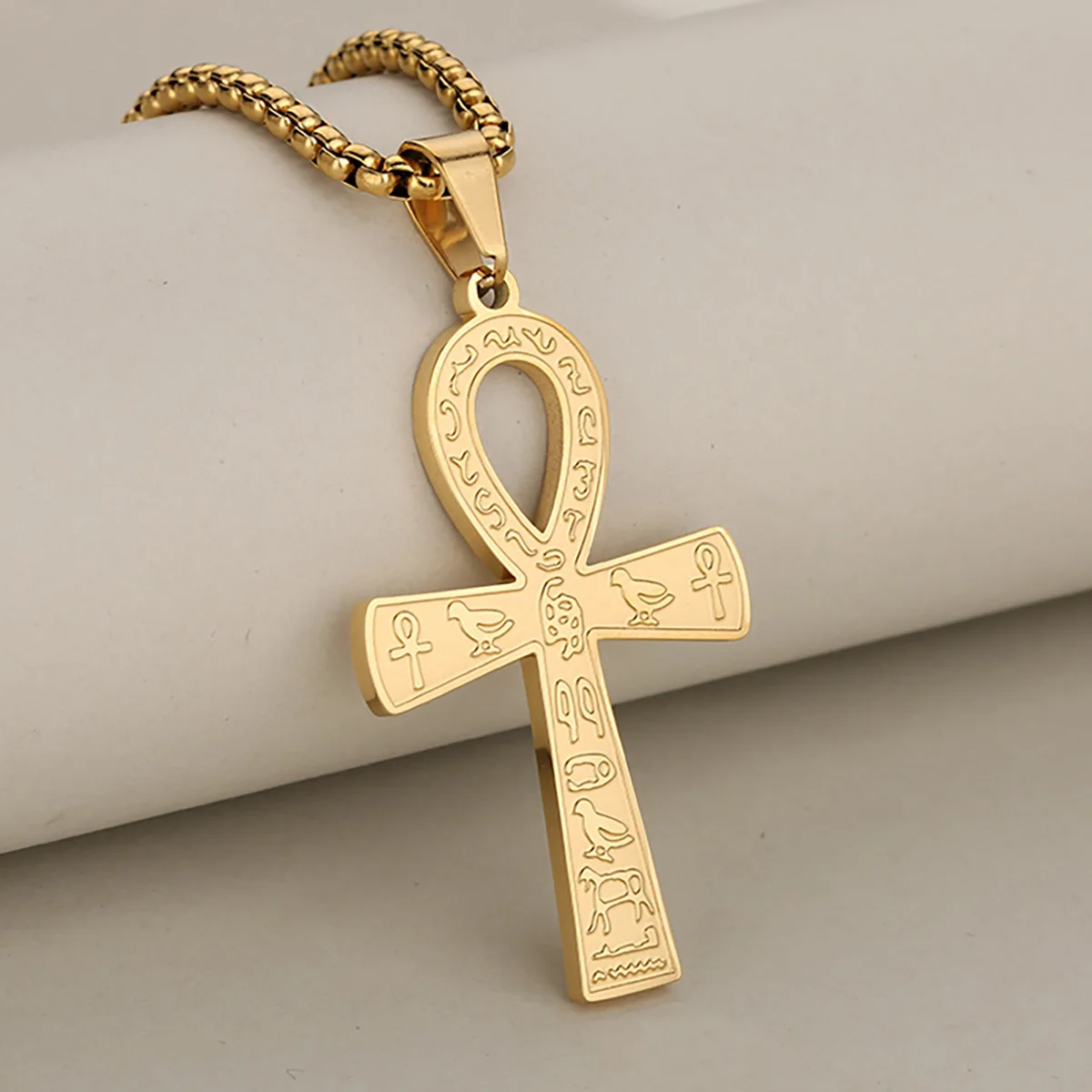 Modische ägyptische Ankh-Halskette für Herren, Edelstahl-Kreuzanhänger, Box-Kette, wasserdichter Gebetsschmuck für Damen, Accessoires – Detail 7