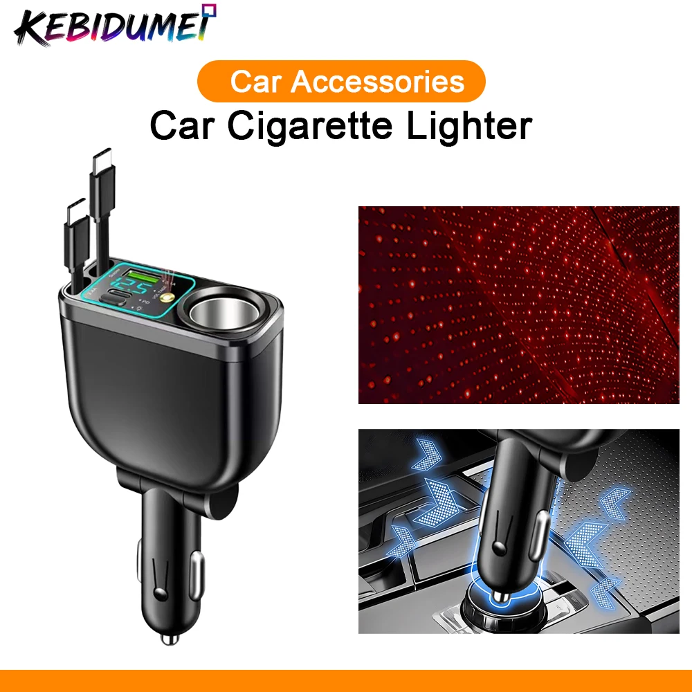 

KEBIDUMEI M15 6-IN-1 Auto Cigarette Lighter Car Charger Fast Charging Cable with Star Light USB PD Power Adapter Car Accessories