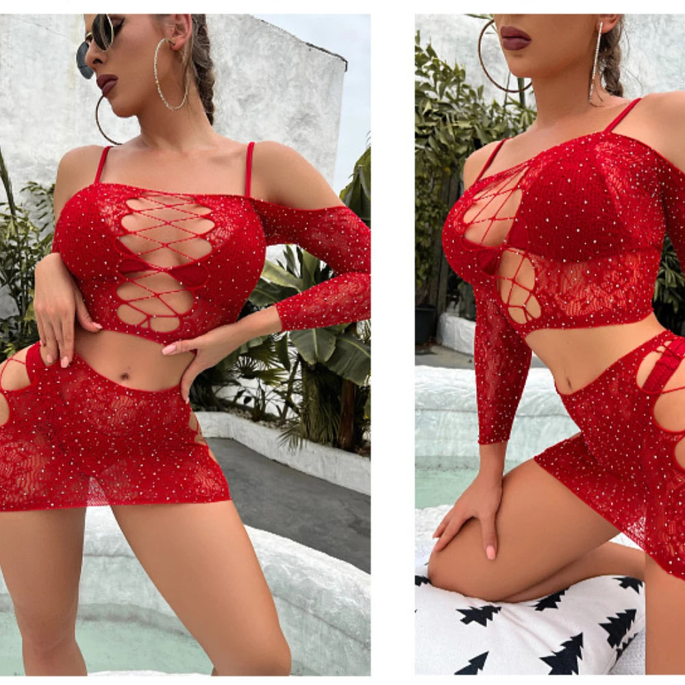 Sexy Lingerie  Rhinestone Stockings Women Long Sleeve Fishnet Free Off Women\'s Transparent Stocking One-Piece Lingerie Female