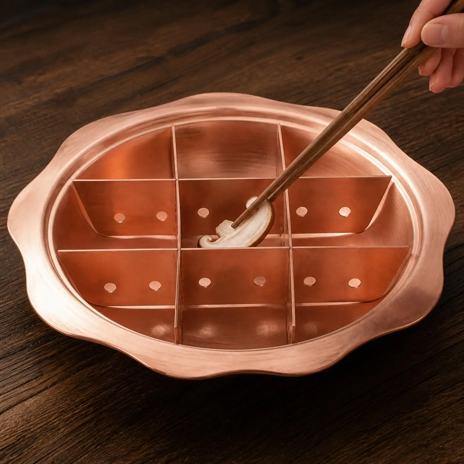 Copper Shabu Shabu Hot Pot with Compartmented Interior for Induction Cooker Gas Stove Traditional Round Cookware Double Layer
