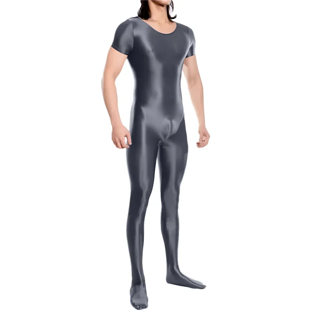 High Elastic Jumpsuit Satin Shiny Smooth Shaper Wear Full Body Bodysuit Short Sleeve Unisex Tigths Exotic Zentai Club  Leotard