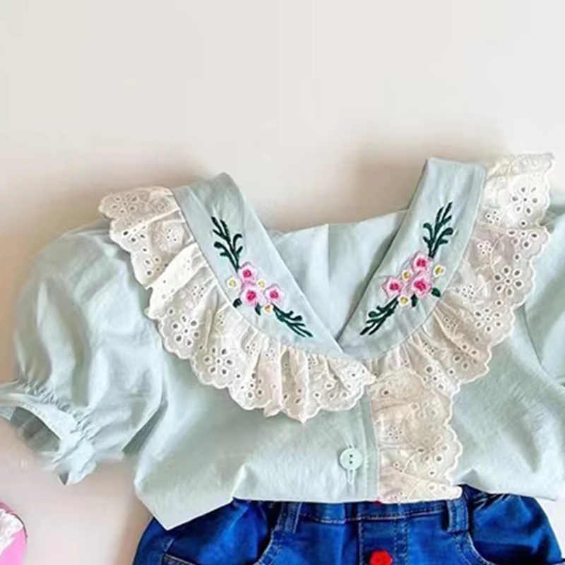 Summer Baby Girls\' Short Sleeve Shirt Embroidered Lace Doll Shirt For Children Korean Girls\' Cute Pure Cotton Bubble Sleeve Top