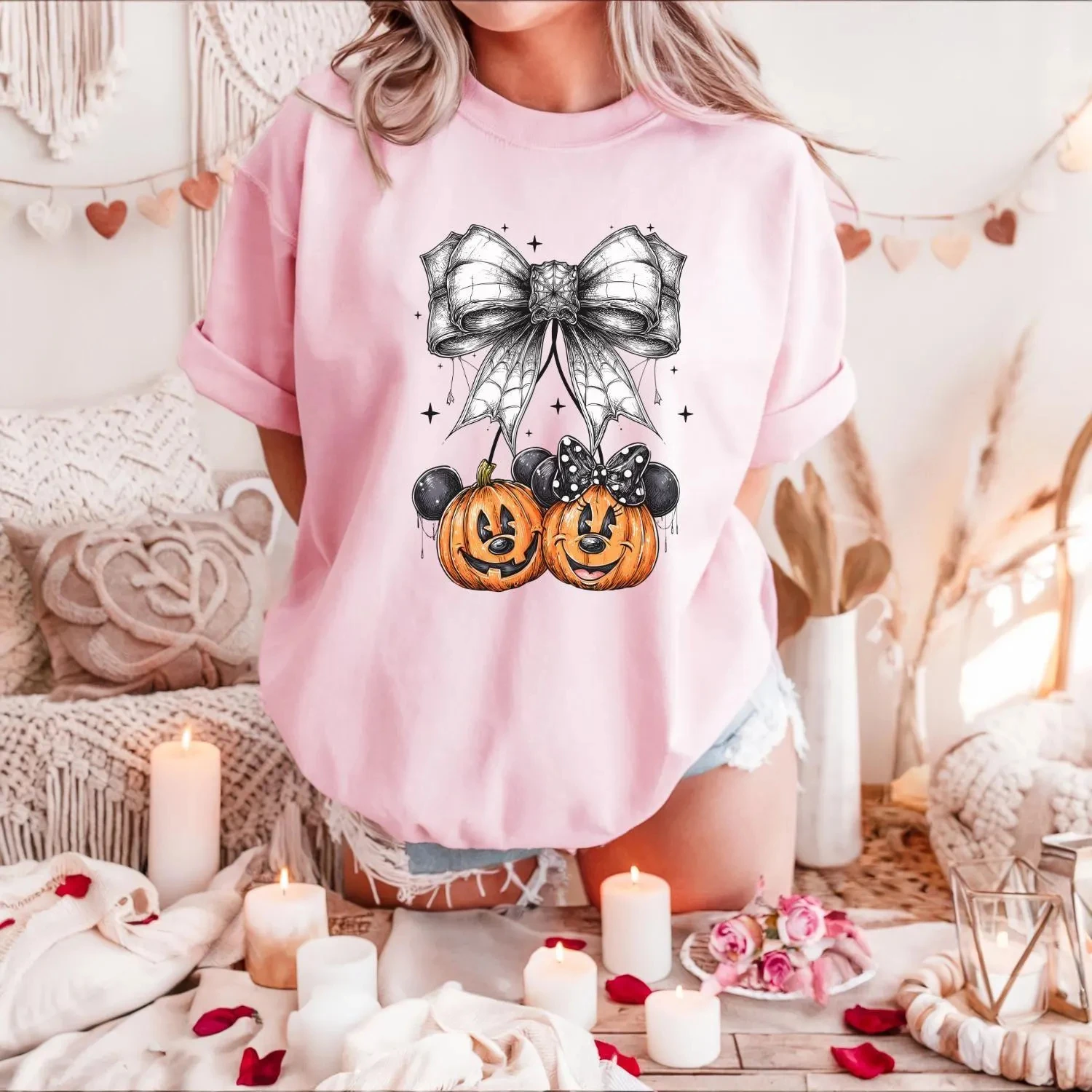 2026 new Round-neck T-shirt Halloween playful bow tie pumpkin spider web bow tie autumn women's casual T-shirt