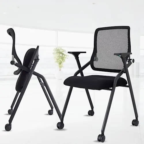 2 Pack Stackable & Foldable Conference Room Chairs with Lumbar Support, Armrest - Ergonomic Mesh Bouncing Back for