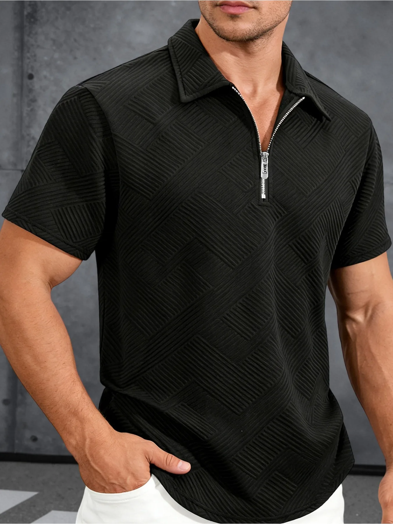 

Men Geometric Textured Half-Zip Polo Shirt Breathable Anti-Pilling Short Sleeve Slim Fit Wrinkle-Resistant Casual Summer KnitTop