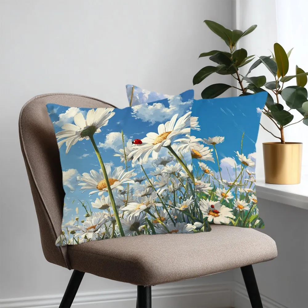 Juego  4 fundas  almohada con diseño  margaritas y mariquitas - Estampado plano 2D, coración  estilo pastoral y morn