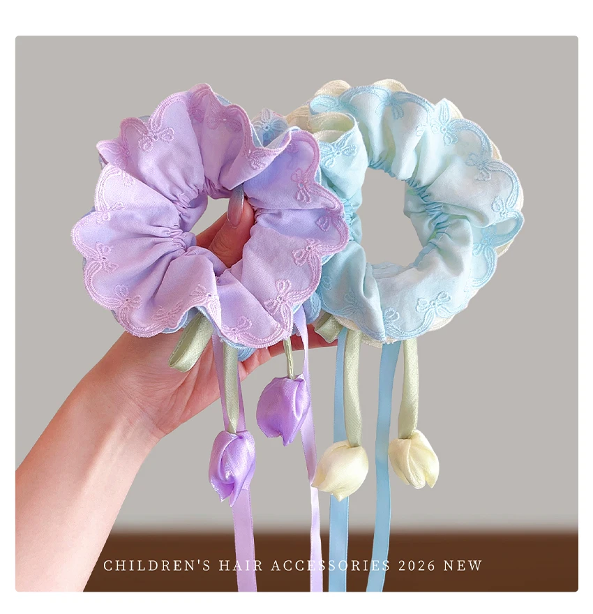 Neue bestickte Tulpen-Haarschleifen: Süße Prinzessinnen-Haargummis, schonend für das Haar, hohe Elastizität für Baby-Mädchen und Kleinkinder – Haar-Accessoires – Detail 6