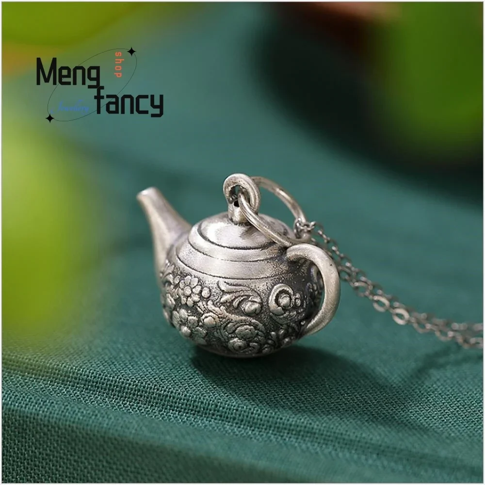 

S990 Silver Vintage Old Teapot Embossed Floral Pendant Personalised Kettle Exquisite Handicraft High-grade Fashion Fine Jewelry