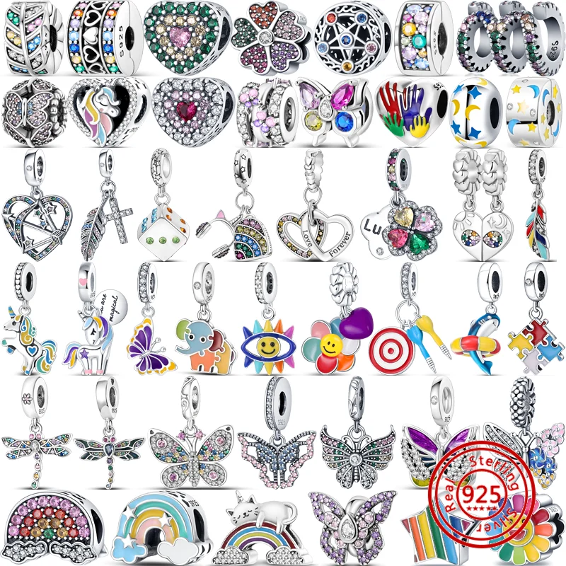 925 Sterling Silver Colorful Zircon Butterfly Dragonfly Unicorn Rainbow Feather Heart Charm Beads Fit Original Pandora Bracelets