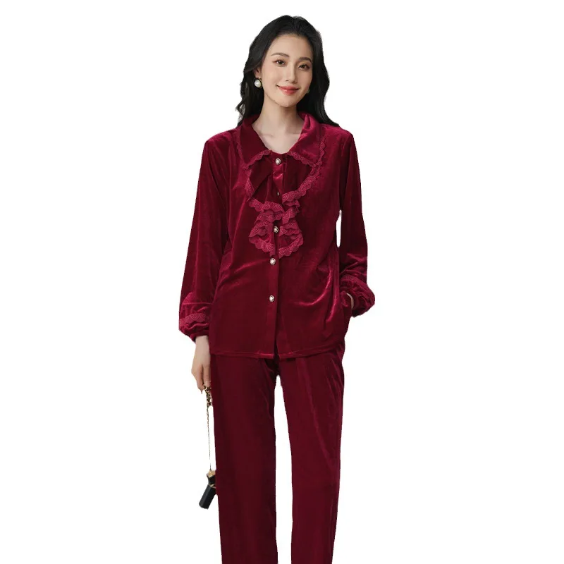 Pink Velvet Women\'s Pajama Sleepwear Autumn Winter New Trouser Suits Pyjama Pour Femme Elegant Loose Velour Home Wear Loungewear