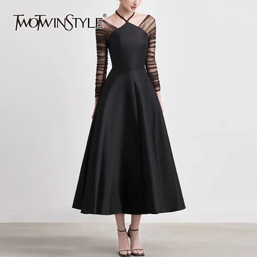 

TWOTWINSTYLE Patchwork Mesh Elegant Dress For Women Halter Long Sleeve High Waist Hollow Out Temperament A Line Dresses Female