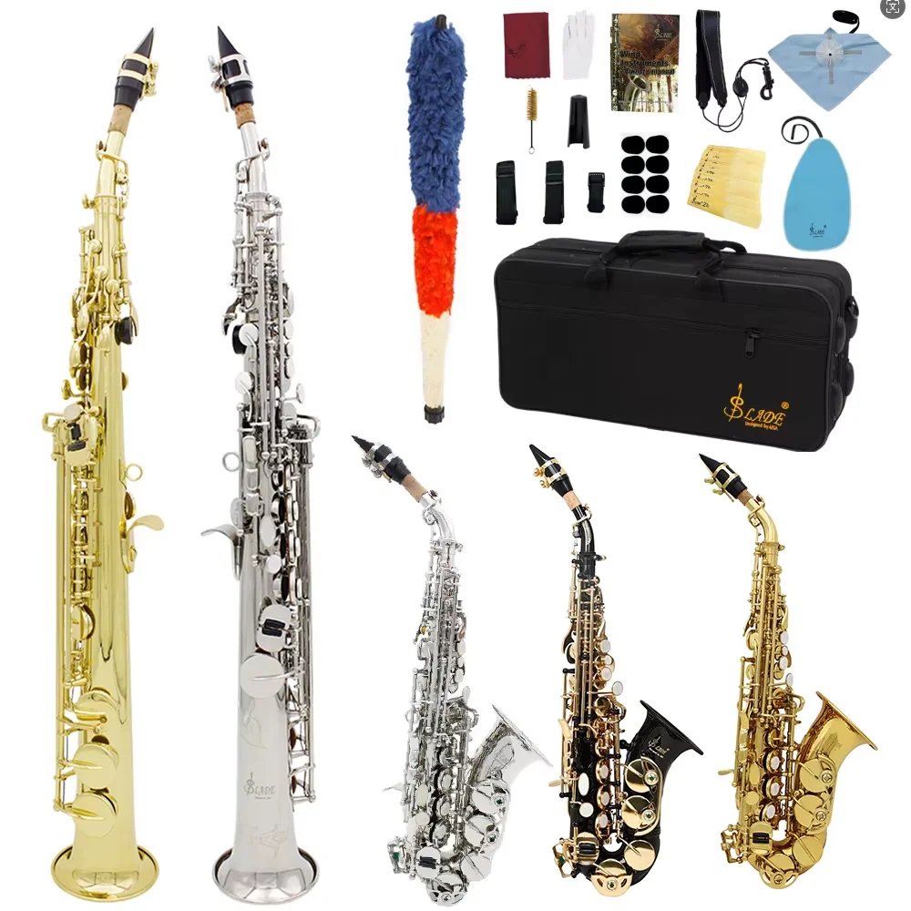 

SLADE Bb Soprano Saxophone Straight Bend Brass Gold Silver Plated B Flat Sax Woodwind Music with Case Reeds Gloves Accessories