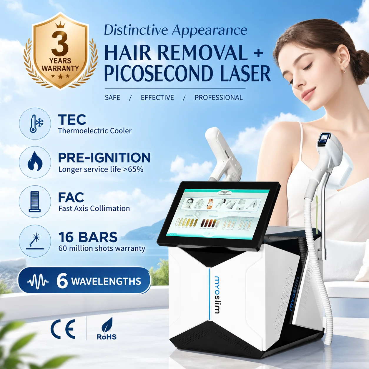 7000W 2IN1 Diode Laser Hair Removal Picosecond 16BARS FAC Pre-Ignition TEC Cooling 6 Wavelength Tattoo Pigment Salon Device