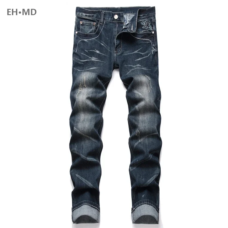 

Men's Seasonal Scratched Denim Trouser Feet Jeans Handmade Embroidery Work Pants 3D Splice Slim Change Stretch High Street 2024