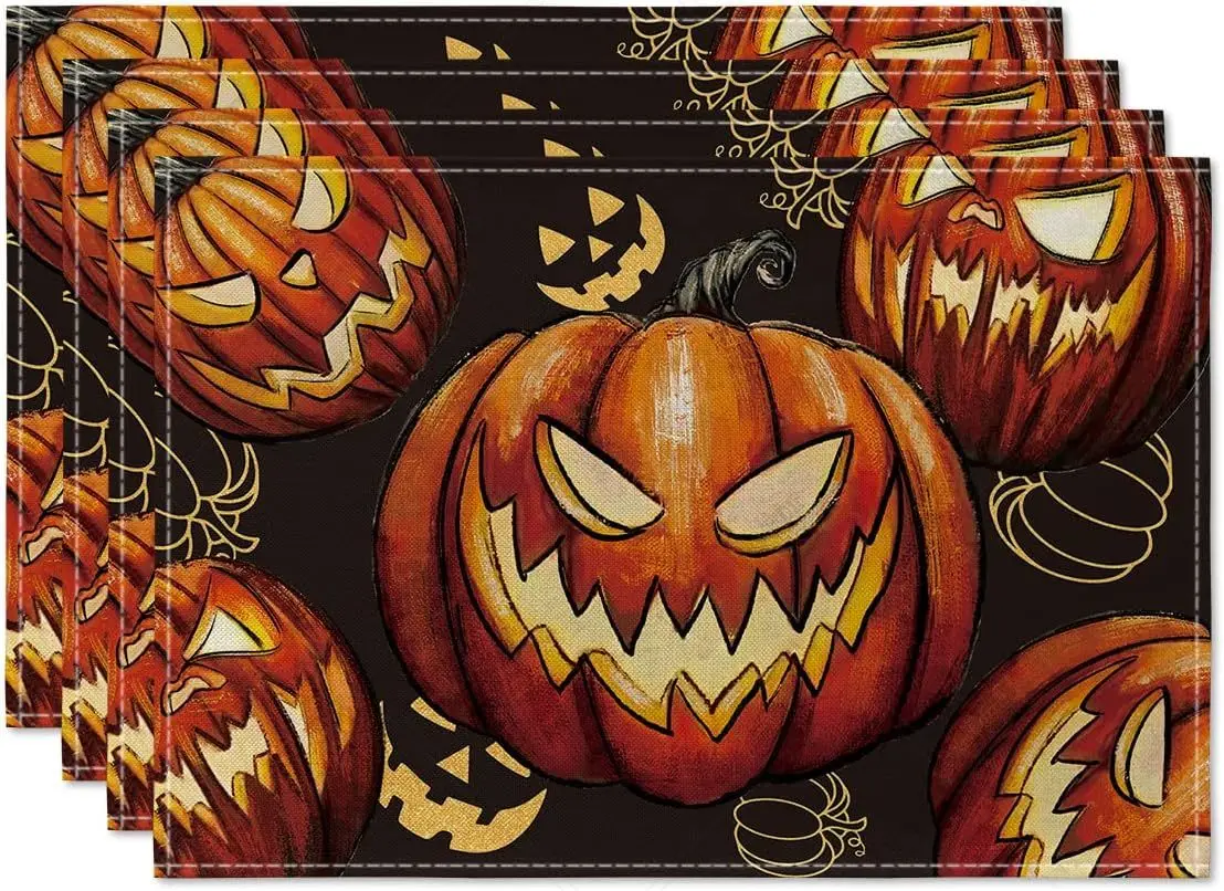 Jack-O-Lantern Halloween Placemats Set of 4 12x18 Inch Pumpkins Fall Table Mats for Outdoor Home Party Kitchen Dining Decoration