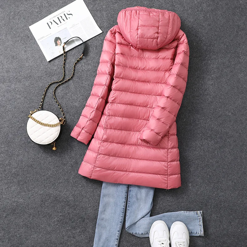 Women\'s X-long Office Lady Hat Detachable Puffer Jackets 2023 New Arrival Autumn Winter White Duck Down Warm Coat