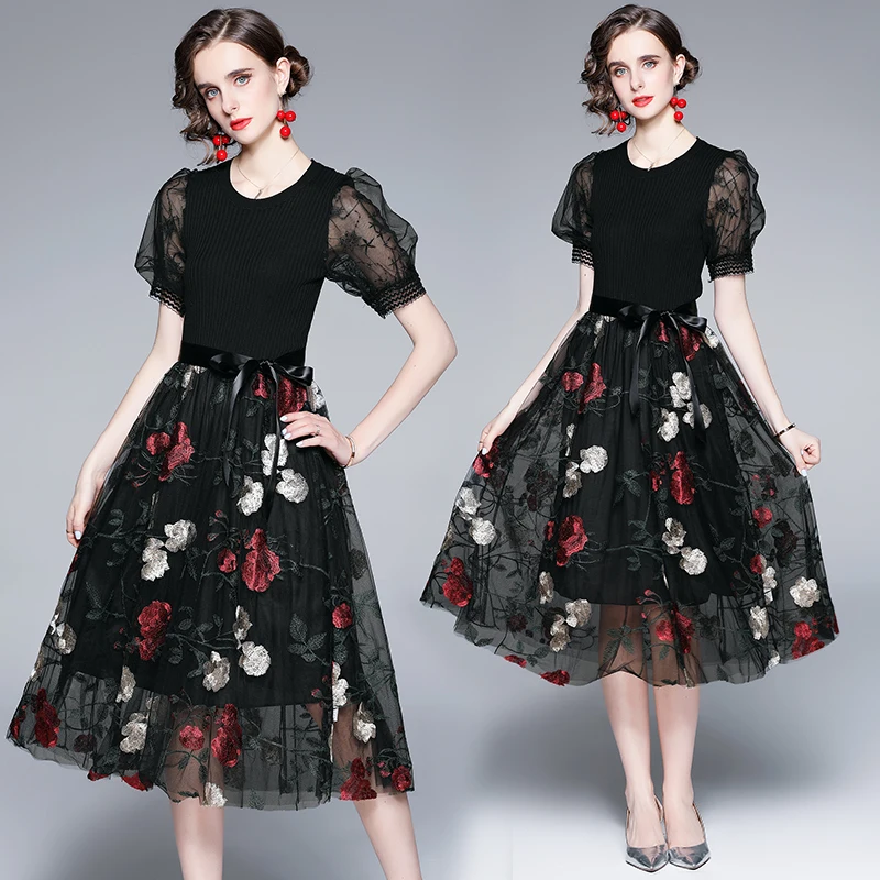 2024 Summer New French Knitting Splicing Heavy Industry High Waist Mesh Three-dimensional Embroidery Lace Skirt Dress