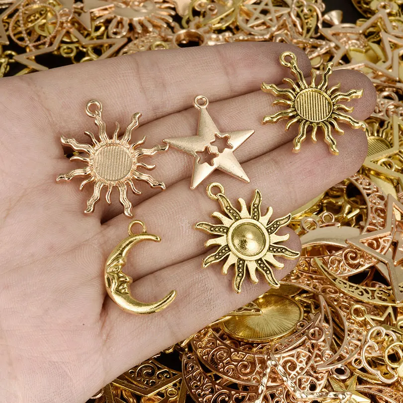 20/40/60/80pcs/lot Retro Alloy Sun Star Pentagram Crescent Pendants Gold Color DIY  Jewelry Marking Crafts for Necklace Earrings