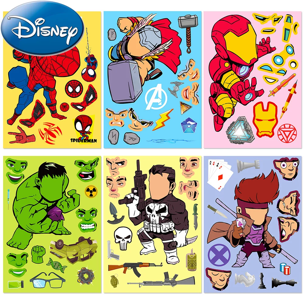 6/12sheets Disney Anime Super Hero Puzzle Stickers Make A Face DIY Cartoon Spider Man Hulk Children Funny Assemble Jigsaw Decals