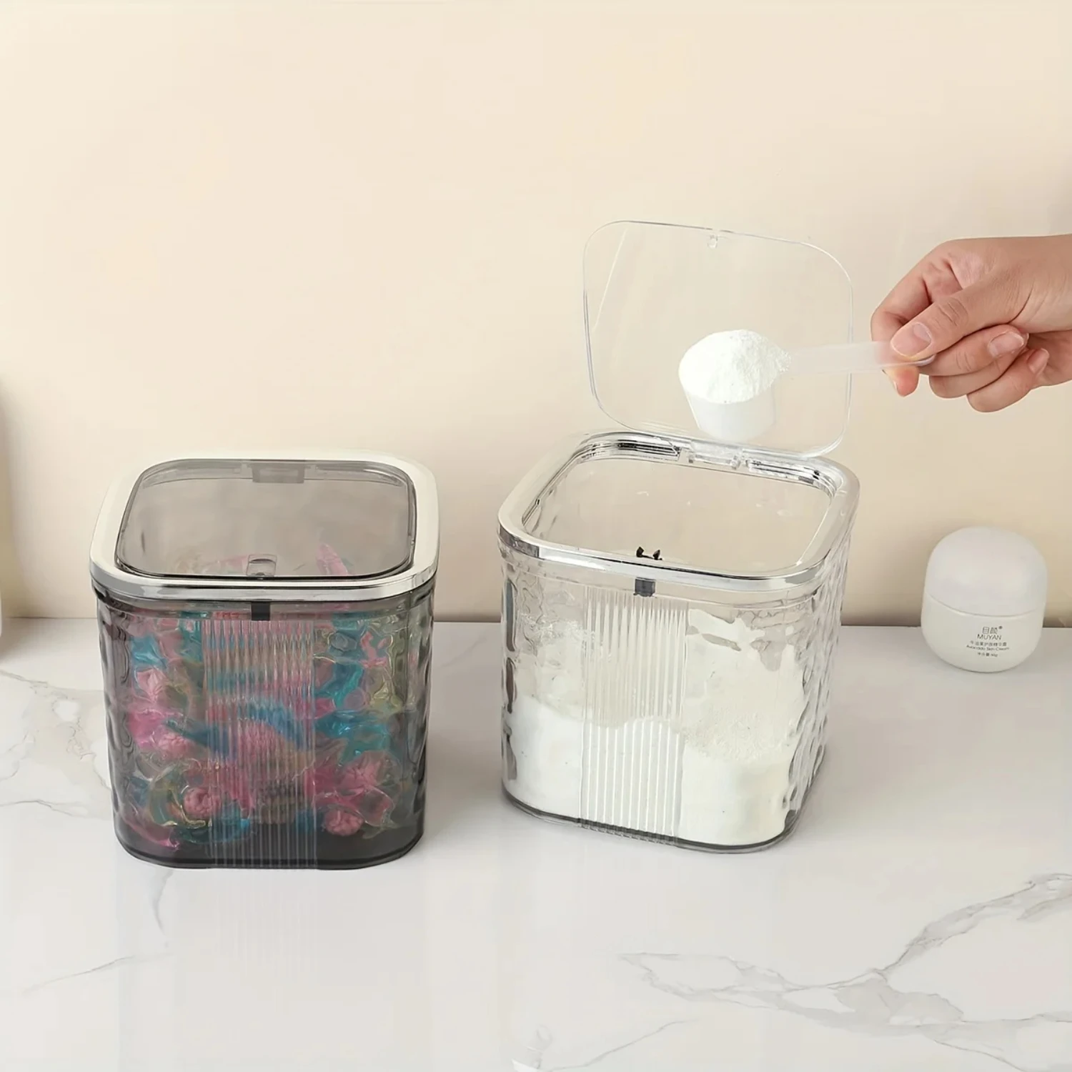 Acrylic Laundry Detergent Powder Container for Laundry Room Organization with Convenient Spoon, Stylish Laundry Pods Storage Box