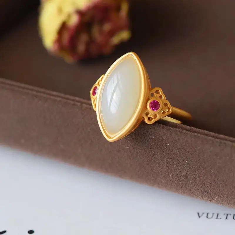 New Design Inlaid Natural Hetian Jade Green Marquise Adjustable Ring Vintage Style Elegant Delicate Ladies Brand Jewelry