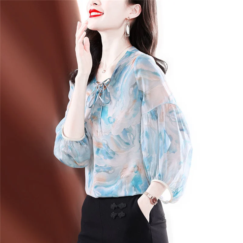 Womens Clothing 2023 Summer Trendy Print Lace Up Chic Blouse Sweet V Neck 3/4 Sleeve Loose Street Shirt Chic Chiffon Tops Blusas