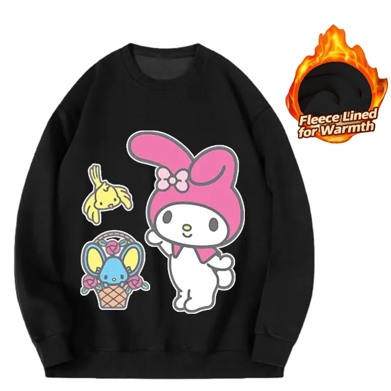 Top a maniche lunghe girocollo stampato serie Sanrio, maglietta a maniche lunghe girocollo con fodera in pile carina e calda, 100% cotone
