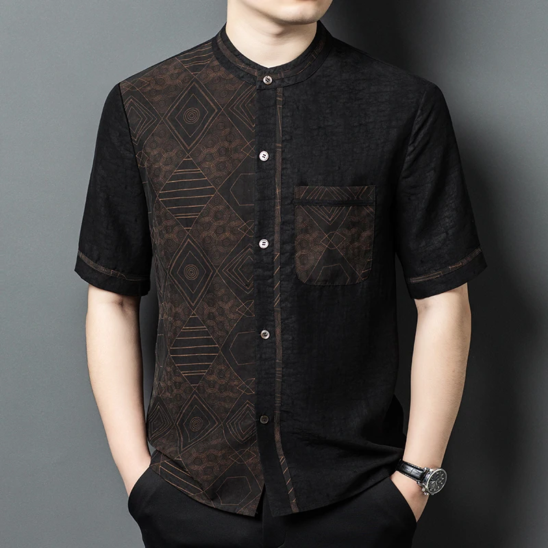 

Mulberry Silk 100% Shirts For Men Short Sleeve Pocket Designer Summer Quality Gambiered Canton Gauze Luxurious Camisas De Hombre