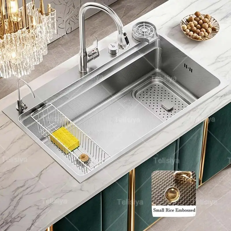

304 Stainless Steel Kitchen Sink Silver Large Single Slot Undermount Multifunction Sinks Dishwashing Basin