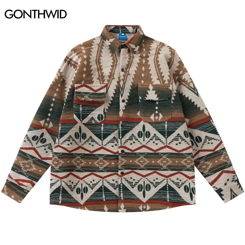 Men Thick Shirt Coat Y2K Harajuku Retro Geometric Pattern Loose Shirts 2023 Vintage Fashion Long Sleeve Button Shirt Streetwear