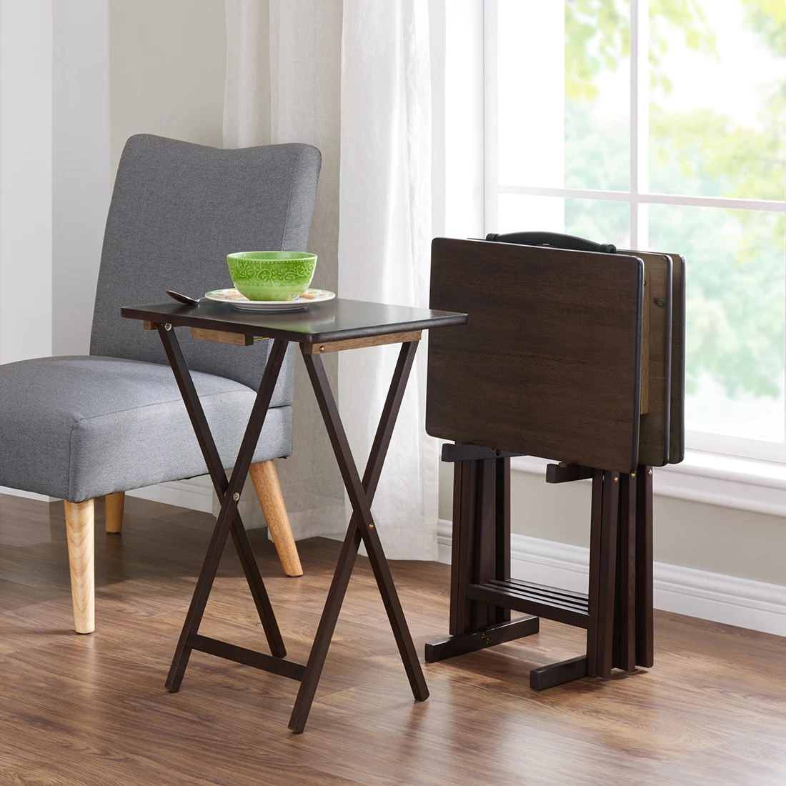 Walnut 5-Piece Folding  Classic TV Tray Table Set  with Storage Rack  Espresso