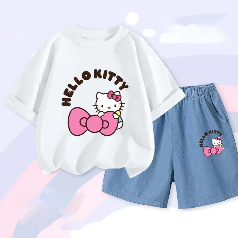 Conjunto Kawaii Sportswear infantil, roupa de menina, Kawaii Hellokittys infantil, Kuromi, Tencel, Comfort Boys Loungewear, verão